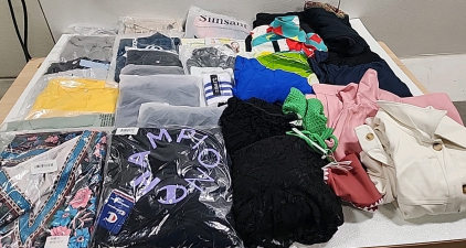Assortment of Women's Clothes: Knee High Socks, (4) Swimsuits, (2) Jackets, Yoga Pants, Black Jeans, Shirts, Black Dresses, and More!