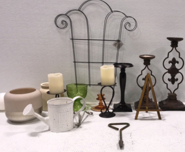 Wickman Candle Wick Trimmer. (2) Decorative Jar. (7) Candle Holders. False Candles. Glass Orbs. Picture Frame. (2) New Trellis. Watering Can. Irrigation Tool.