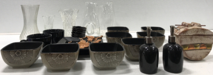 (8) Glass Brown And Black Flower Bowls. Glass Vine Serving Dish. (6) Glass Brown And Black Sauce Cups. (2) Glass Cups. (3) Glass Vases. (2) Glass Pitchers. And More.