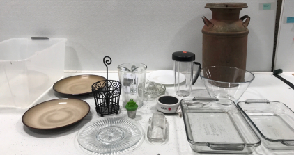 Large Antique Milk Holder. Salton Heater. (2) Brown Plates. Glass Plate. Butter Dish. Pitcher. Glass Baking Dishes. And More.