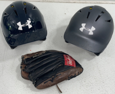 (2) Under Armour* Baseball Helmets, (1) Rawlings* Baseball Mit