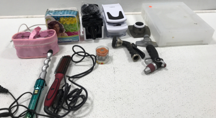 Fullstar Slicer With Extra Blades. Hose Sprinkler Heads. Curling Iron. Electric Heat Hair Curlers. Electric Hairbrush. And More.