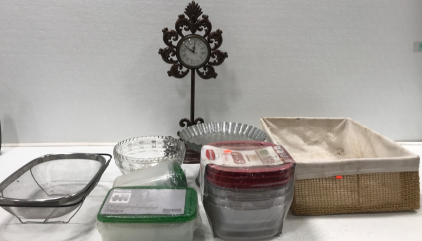 Decorative Clock. Cake Pan. New 6pc Rubbermaid Containers. 4pc Pruta Containers. Decorative Bowl. Sieve. Woven Basket.