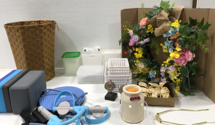 Workout Kit. Trash can. (11) Containers of various sizes. (4) Butterfly Decorations. Candle Warmer. And More.