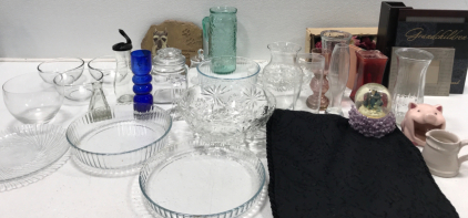 (4) Glass Bowls. Glass Candleholders. Glass Baking Dishes. Glass Servingware. (7) Glass Vases. (3) Book Holder. (3) Picture Frames. Table Runner. And More.