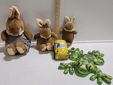 Stuffed Bunnies, Stuffed Frog, Collectible M&M Metal Car