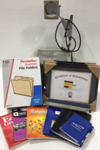 (1) Overhead Projector (3) Certificate of Achievement Kits (3) 5pack of Multi Colored Rulers (1) 150 Letter Sized File Folders (1) Foldable Clipboard .. and more