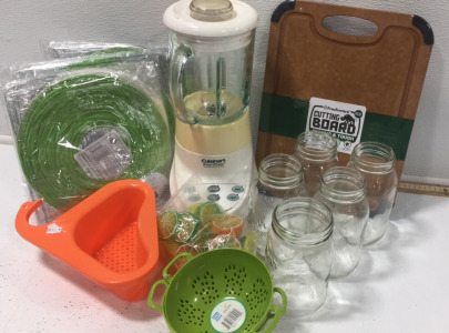 (1) Cuisinart Blender (5) Mason Jars (1) Freshware Cutting Board (2) Mini Colanders (1) 35pc Plastic Lemon, Limes and Orange Slices (1) Orange Colander (3) Decorative Paper Lanterns