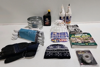 (2) Bottles of Gear Oil, Automatic Transmission Fluid, Winter Gloves, Beanie, Shelf Brackets, Ball Cap Buddy, Insulating Tape, Black & Decker Outdoor Builder Book, "Managing by Storying Around: A New Method of Leadership" Book, 8" Metal Pipe Connector