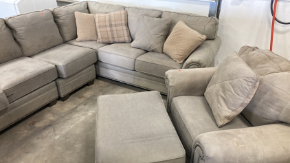 Gray Sectional Couch w/ Matching Chair and Ottoman, Plus (5) Throw Pillows - Needs Cleaned!
