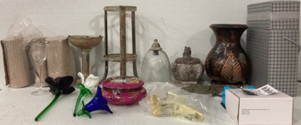 (4) Wine Glasses-(3) Flower Vases-(3) Glass Flowers-Vice-and more