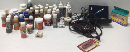 Airbrush For Arcylic Paint, Assorted Arcylic Paints And Top Coats.