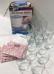 Rival Ice Cream Maker (19) Glass Bowls- Various Sizes and Styles (8) 54&rdquo;x108&rdquo; Plastic Tablecloths