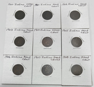 (9) Indian Head Cents Dated Between 1900-1908