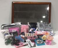 27”x21” Mirror (3) Hair Tool Kits (1) 300pc Ring Glue Holders (6) Large Hair Clips (7) Flower Clips (1) Nail Gel Polish Kit (11) Product Pumps (2) Make Up Bag … and more