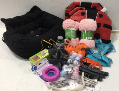 (1) Dog Bed (3) Dog Life Jackets (1) Harness (4) Laser Toys (3) Food Dish Slow Feed Inserts (2) Pink Animal Blankets (5) Pet Collars (1) 160 Tablets Aches and Pains&hellip; and More
