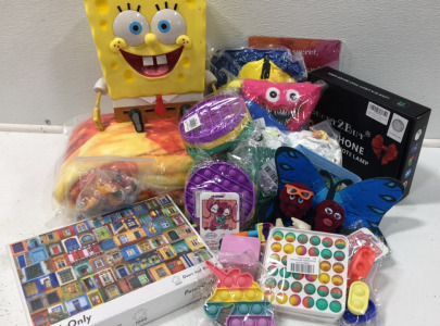 (1) Sponge Bob Toy (1) Pizza Blanket (1) 1000pc Puzzle (4) Fidget Toys (1) California Raisins (3) Plush Toys (1) Wood Lewis Carroll Sign &hellip; and more