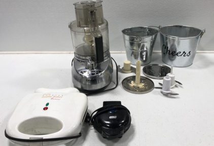 (2) Ice Buckets. Mini Waffle Maker. Belgian Waffle Maker. Cuisineart Custom Prep Food Processor.