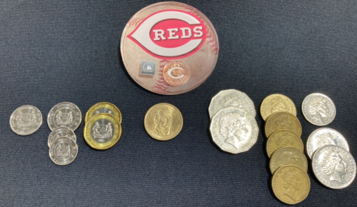 (6) Singapore Coins, (10) Australia Coins, (1) James K Polk $1 Coin, Cincinnati Reds Pressed Penny Magnet