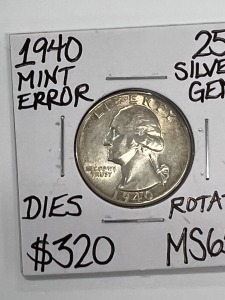 1940 MS65 GEM SILVER MINT ERROR QUARTER