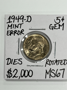 1949-D MS67 RARE GEM JEFFERSON NICKEL MINT ERROR