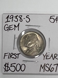 1938-S MS67 1ST YEAR GEM JEFFERSON NICKEL