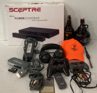 Scepter Power Sound Bar/SubWoofer-(2) Glass Bottles-Hunter Education Hat-Roccat Headset-(2) PlayStation Remotes-Xbox Cords/Battry