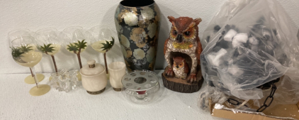 (5) palm tree Glasses-(4) Candle Holders-Owl Decoration and more