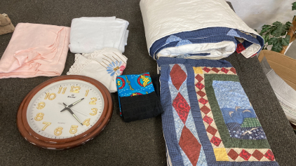 Quilt Throw Blankets, Table Cloth, Clock. Please Inspect