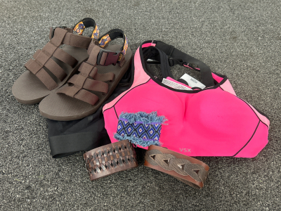 Pair of Woman&rsquo;s Sports Bras, size 8.5 Womans Teva Sandals and 3 Fashion Bracelets