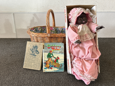 Basket, Vintage Doll, and Vintage Books
