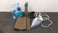 Clothes Iron, Cat Rug, Water Bottle, Plastic Cups