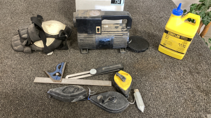 Box Of Marking Tools Knee Pads And Air 12V Compressor Not Tested Please Inspect