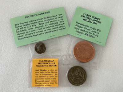 Ancient Roman Coin, 1 Troy Ounce .999 Fine Copper Medallion, and Old Mexican Silver Dollar