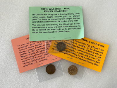1909 Lincoln Head Cent, 24 KT Gold Plated Indian Head Cent, and Civil War Indian Head Cent