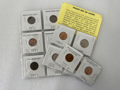 Vintage Indian Head Cents, Proof Set Of Coins and Brilliant Uncirculated Old Wheat Cents