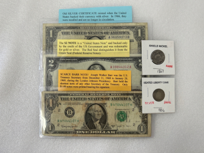 Old Silver Certificate, Scarce Barr Note, $2 Note, Shield Nickel and Seated Liberty Dime