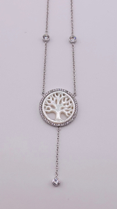 Sterling Silver White CZ with Mother of Pearl Tree of Life Necklace