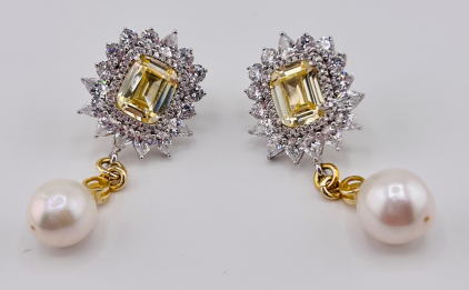 Gold Plated Sterling Silver Yellow & White CZ and Genuine Pearl Dangle Earrings