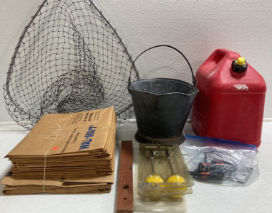 Fishing Net, 5Gal Gas Can, Ash Bucket, Compost Bags, Wood Level, Cobra 2-Way Radios