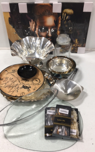 (3) Wall Canvases (1) Decorative Serving Bowl (1) Serving Platter (3) 3pc Decorative Stirrers (1) Glass Jar w/Lid (1) Platter/Dip Bowl Combo (1) Oval Glass Dish, and More