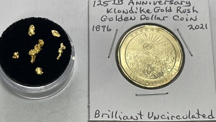 (6) Small Gold Nuggets, (1) 125th Anniversary Klondike Gold Rush Golden Dollar Coin 1896-2021 (Brilliant Uncirculated)