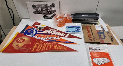 Vintage NFL Flags, Car Print, (4) Orange Light Covers, Binding System, (3) Head Gaskets, Carbon Filters, and Plastic Sofa Covers