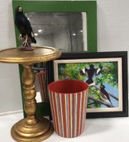 (1) Mirror (1) Bird Painting (1) Gold Side Table (1) Bird Figurine (1) Striped Trash Can