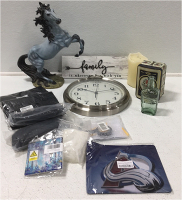 (1) Decorative Horse Statue,(1) Wooden Sign, (1) Decorative Tin, (1) Candle, (1) Decorative Bottle, (1) Clock, (1) Mouse Pad