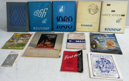 Antique Memorabilia Including 1960’s Year Books, Catalogs, First Aid Handbook, And V-Mail Bags