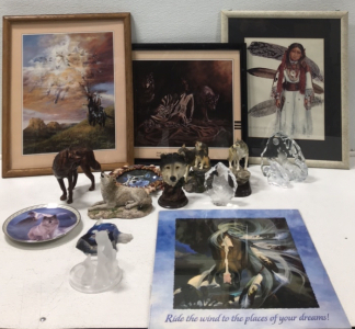 (4) Native Paintings, (10) Wolf Figurines, (2) Decorative Wolf Plates