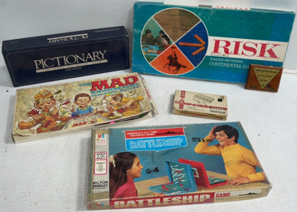 (Vintage) Board Games Including Risk, Pictionary, Battleship, Dominoes, And More!