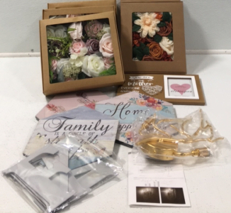 (5) Boxes of Artificial Flowers, (1) Mother Wooden Picture Frame, (3) Inspirational Wooden Signs, (1) Chandelier, (1) Family Sign