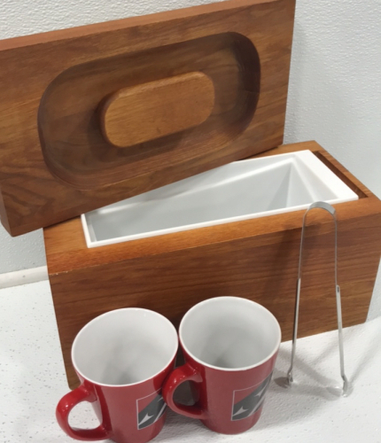 (1) Wood Ice Serving Chest (2) Tulalip Coffee Mugs (1) Metal Tongs